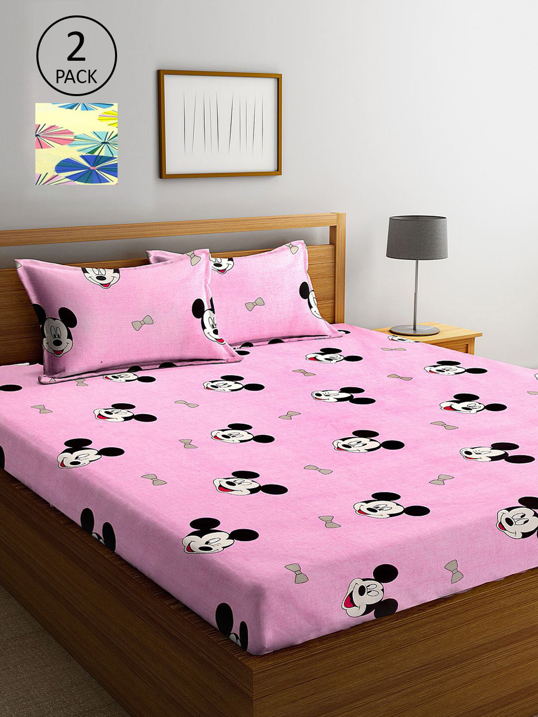 

KLOTTHE Pink & Yellow Cartoon Characters 210 TC 2 King Bedsheet with 4 Pillow Covers