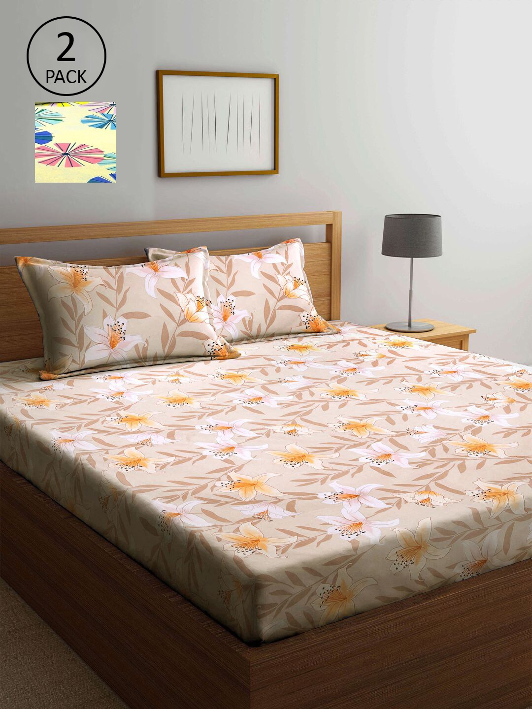 

KLOTTHE Yellow & Peach-Coloured Floral 210 TC 2 King Bedsheet with 4 Pillow Covers