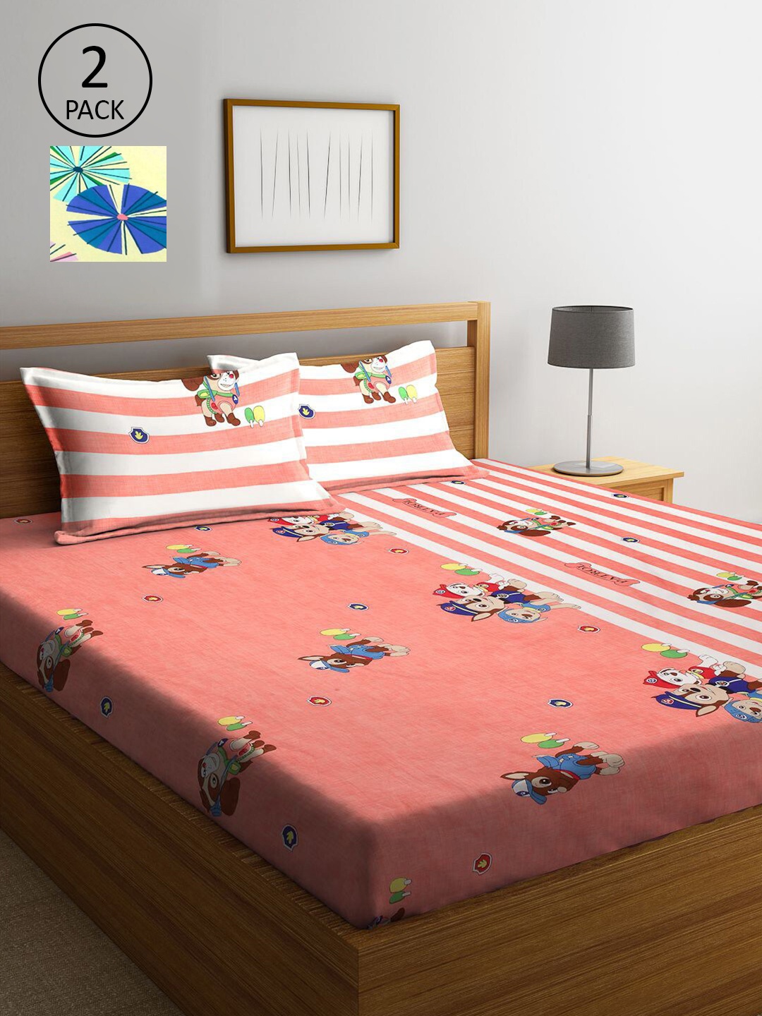 

KLOTTHE Peach-Coloured & Yellow Cartoon Characters 210 TC 2 King Bedsheet with 4 Pillow Covers