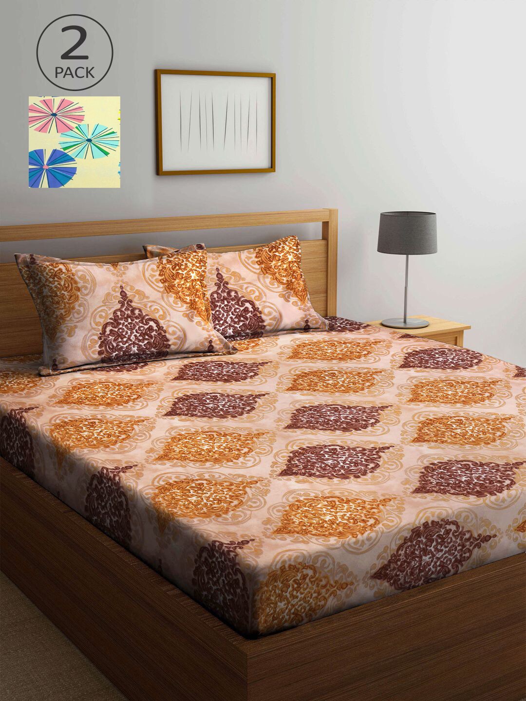 

KLOTTHE Beige & Yellow Ethnic Motifs 210 TC 2 King Bedsheet with 4 Pillow Covers