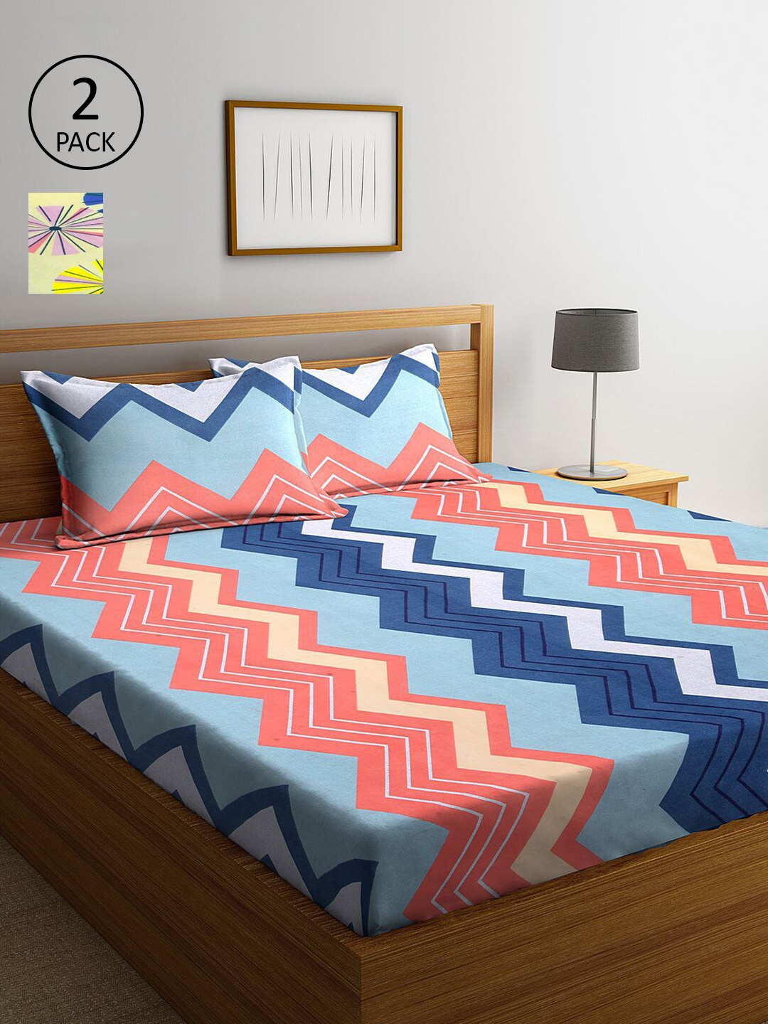 

KLOTTHE Yellow & Blue Geometric 210 TC 2 King Bedsheet with 4 Pillow Covers