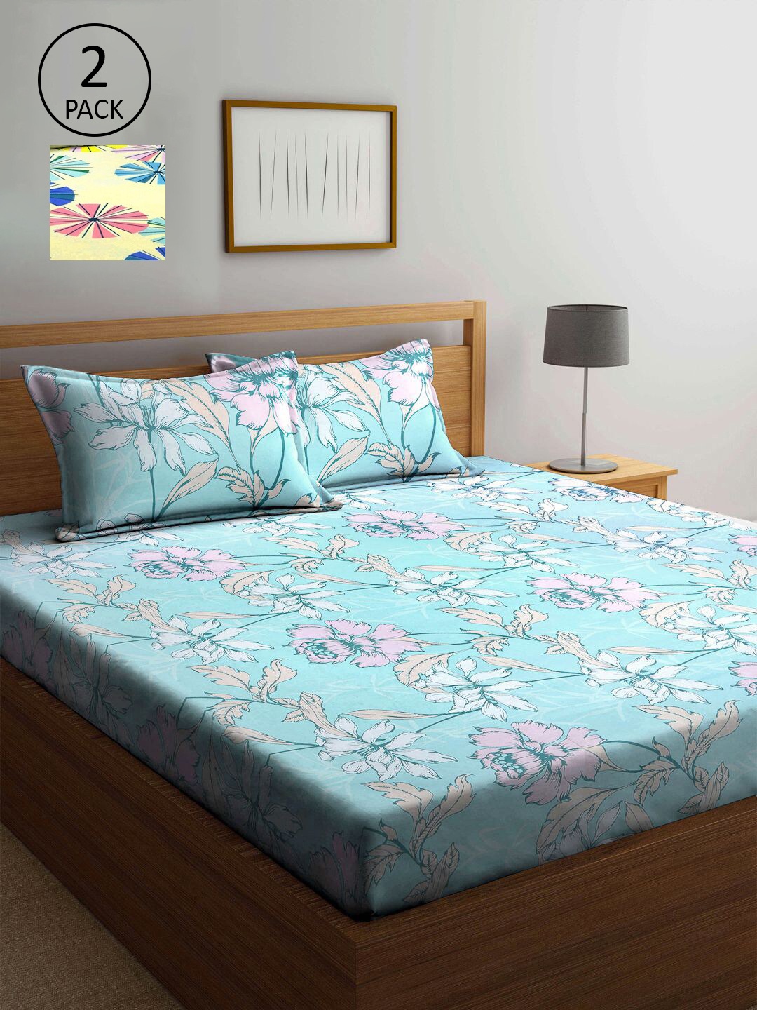 

KLOTTHE Blue & Yellow Floral 210 TC 2 King Bedsheet with 4 Pillow Covers