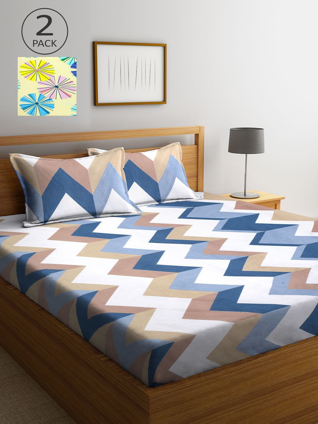 

KLOTTHE Yellow & Blue Geometric 210 TC 2 King Bedsheet with 4 Pillow Covers