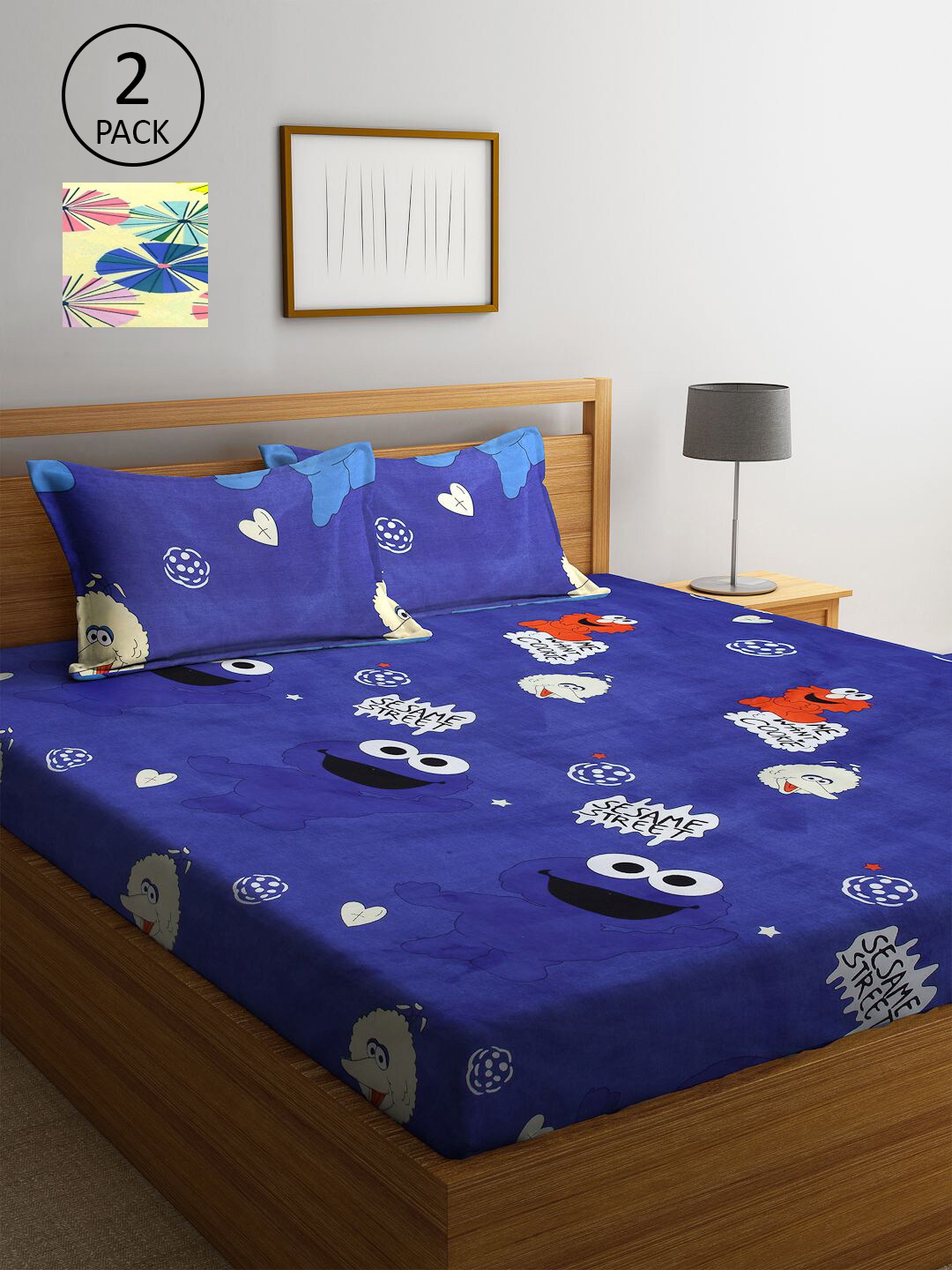 

KLOTTHE Blue & Yellow Conversational 210 TC 2 King Bedsheet with 4 Pillow Covers