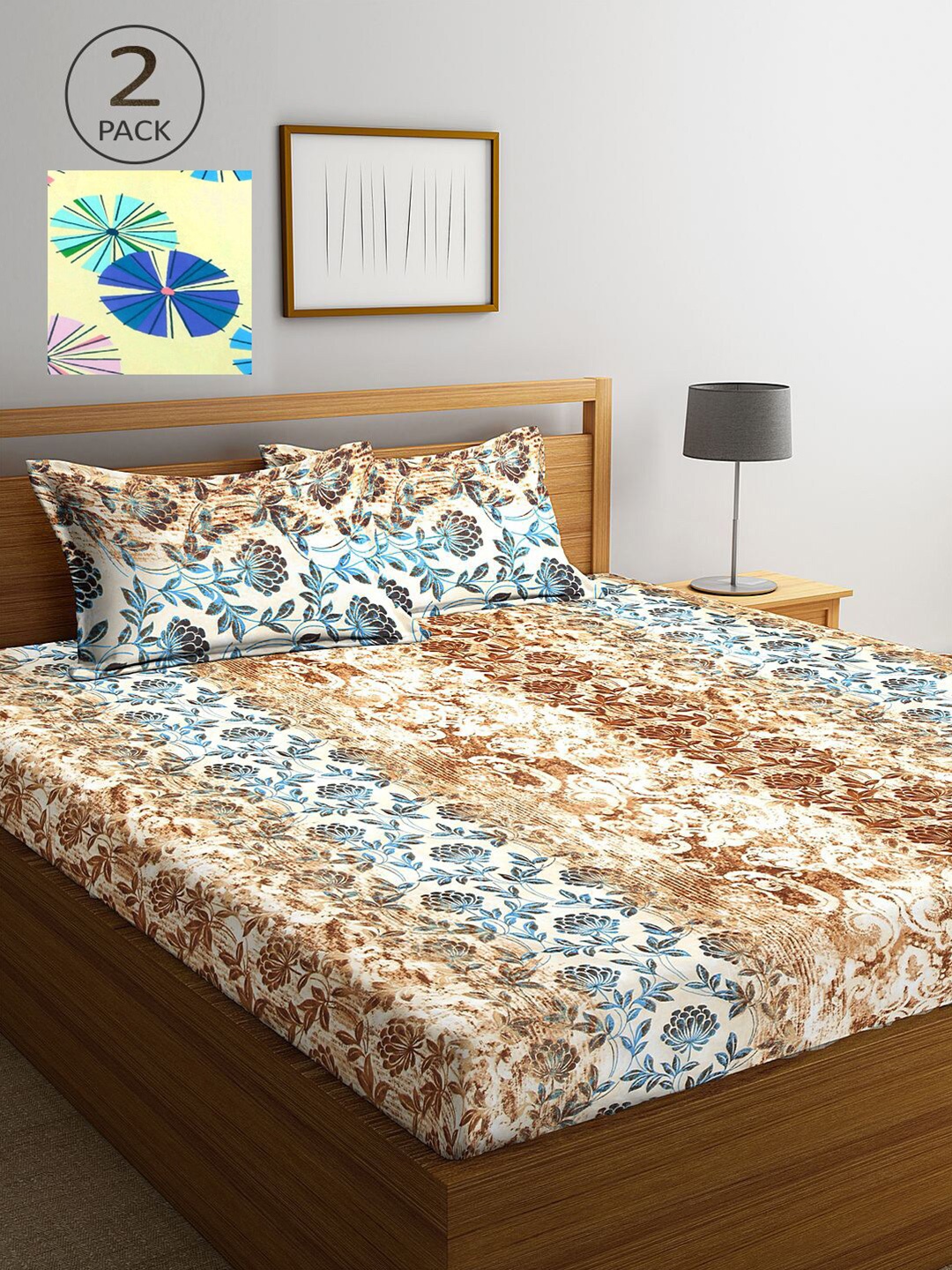 

KLOTTHE Yellow & Brown Floral 210 TC 2 King Bedsheet with 4 Pillow Covers