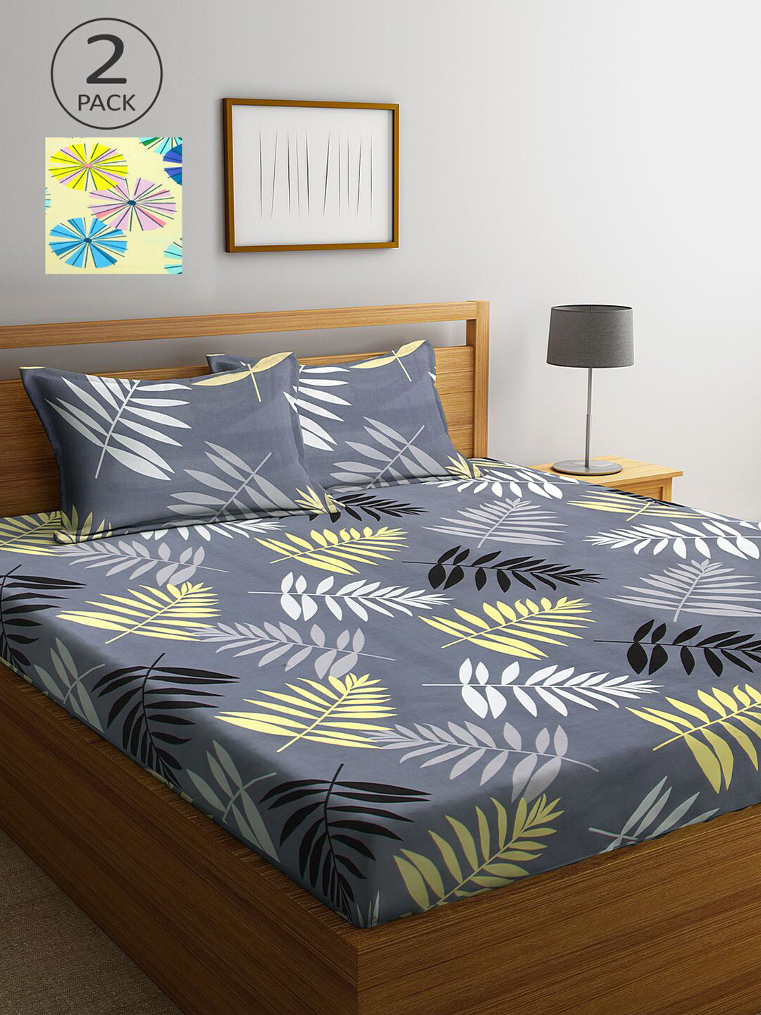 

KLOTTHE Grey & Yellow Floral 210 TC 2 King Bedsheet with 4 Pillow Covers
