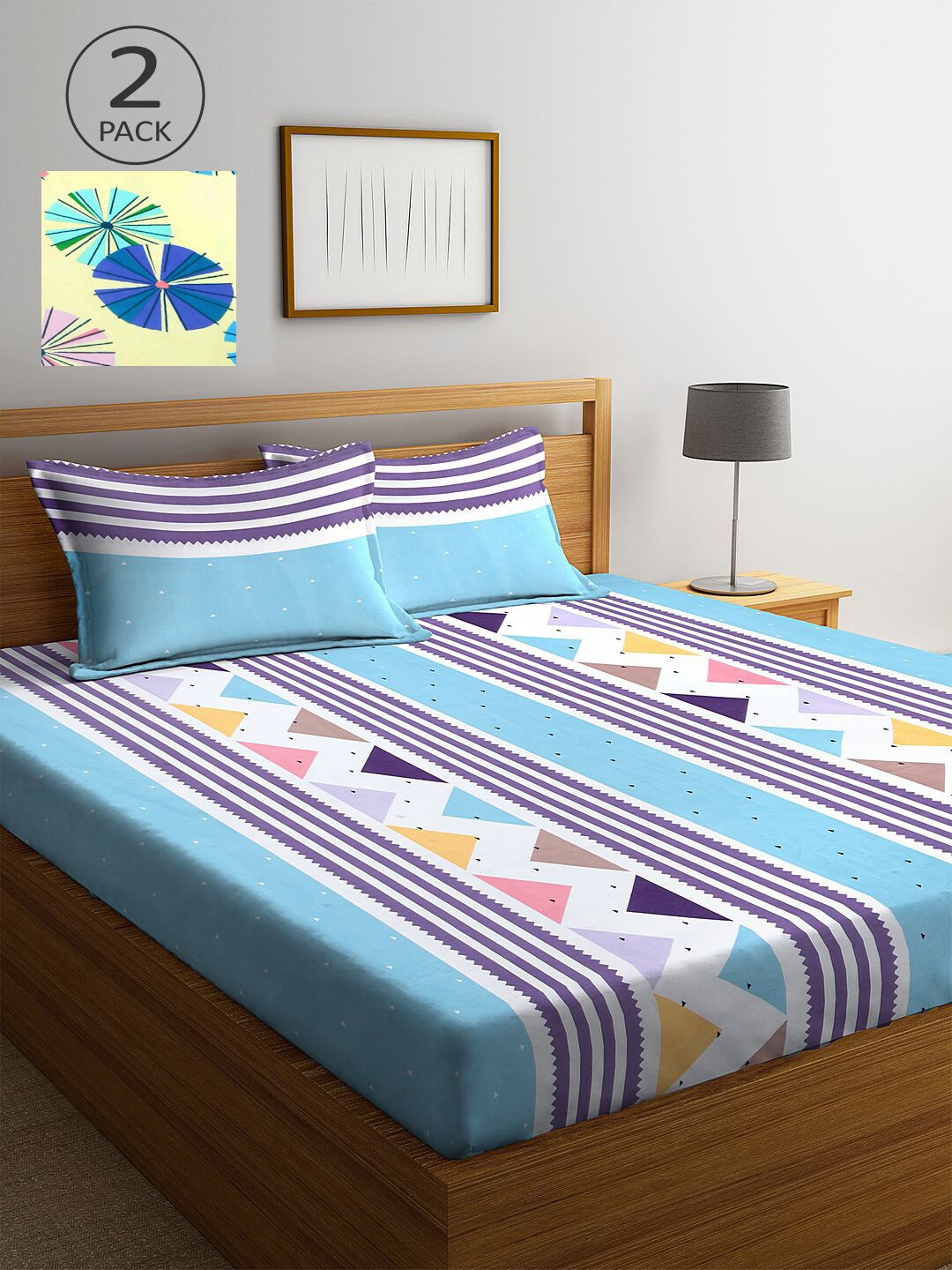 

KLOTTHE Multicoloured & Blue Striped 210 TC 2 King Bedsheet with 4 Pillow Covers, Multi