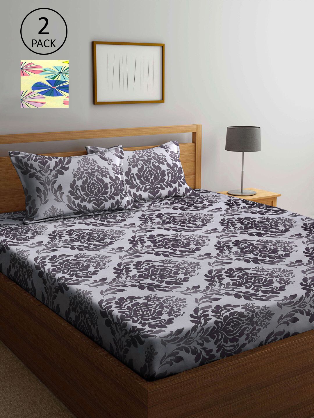 

KLOTTHE Grey & Yellow Floral 210 TC 2 King Bedsheet with 4 Pillow Covers