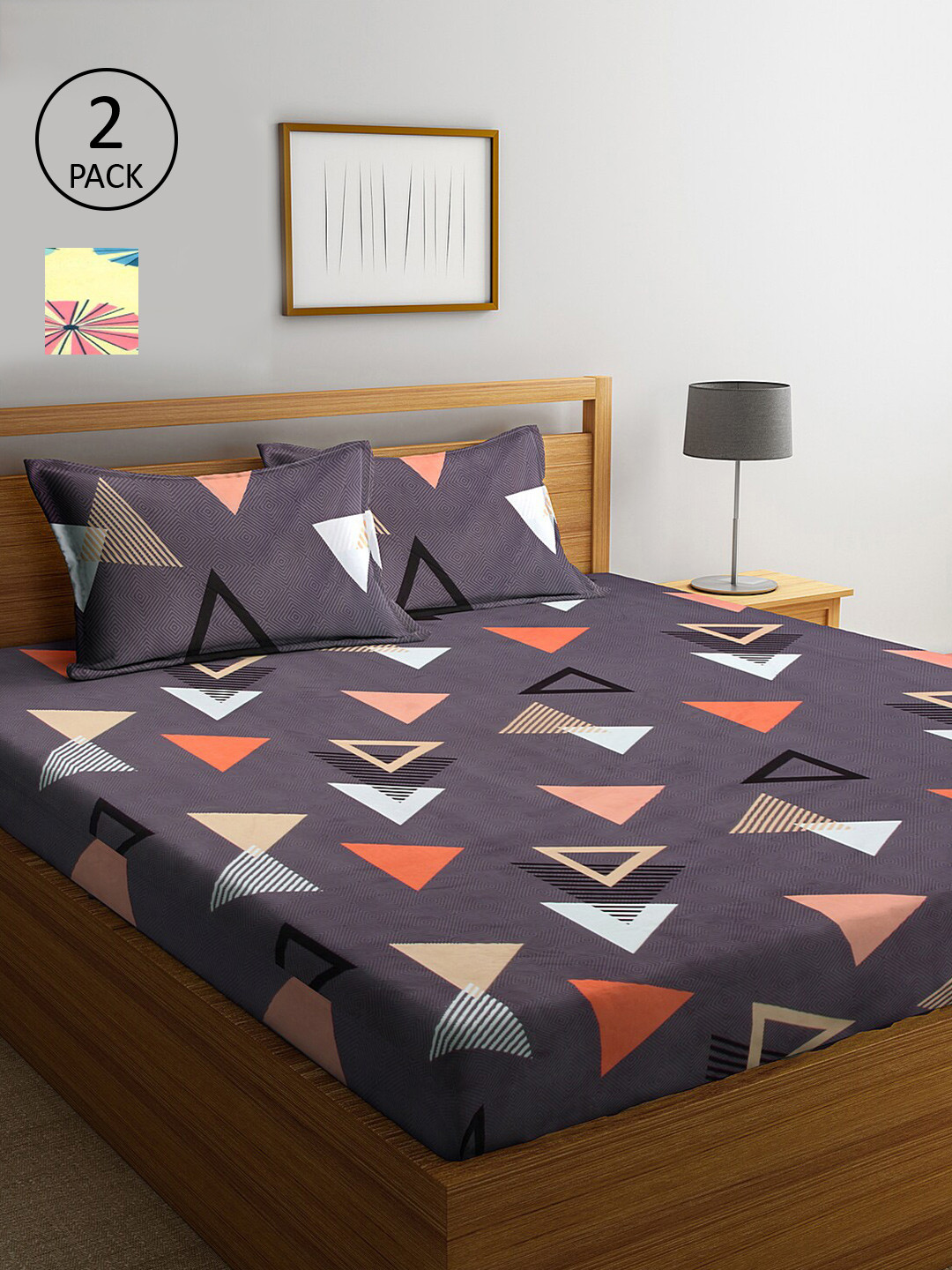 

KLOTTHE Grey & Yellow Geometric 210 TC 2 King Bedsheet with 4 Pillow Covers