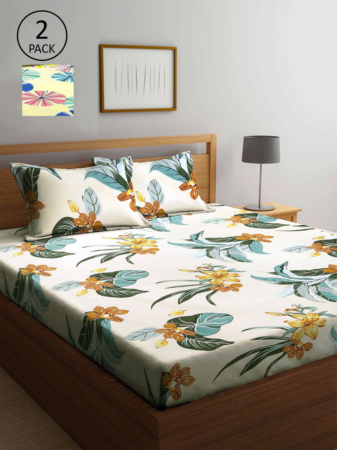 

KLOTTHE Cream-Coloured & Yellow Floral 210 TC 2 King Bedsheet with 4 Pillow Covers