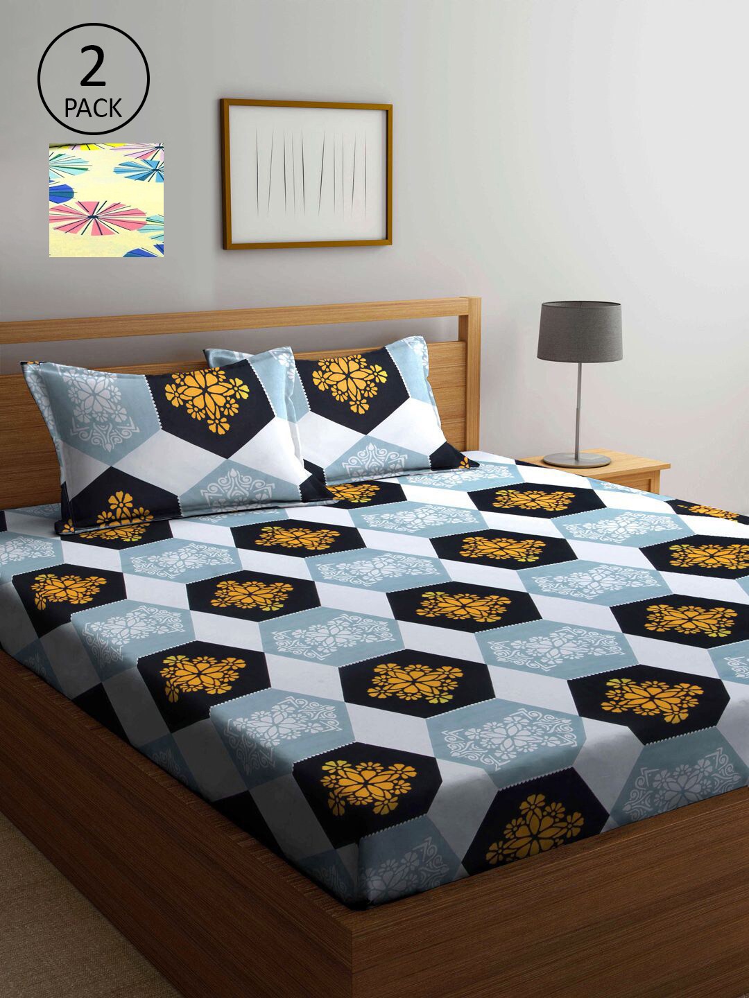 

KLOTTHE Blue & Yellow Geometric 210 TC 2 King Bedsheet with 4 Pillow Covers