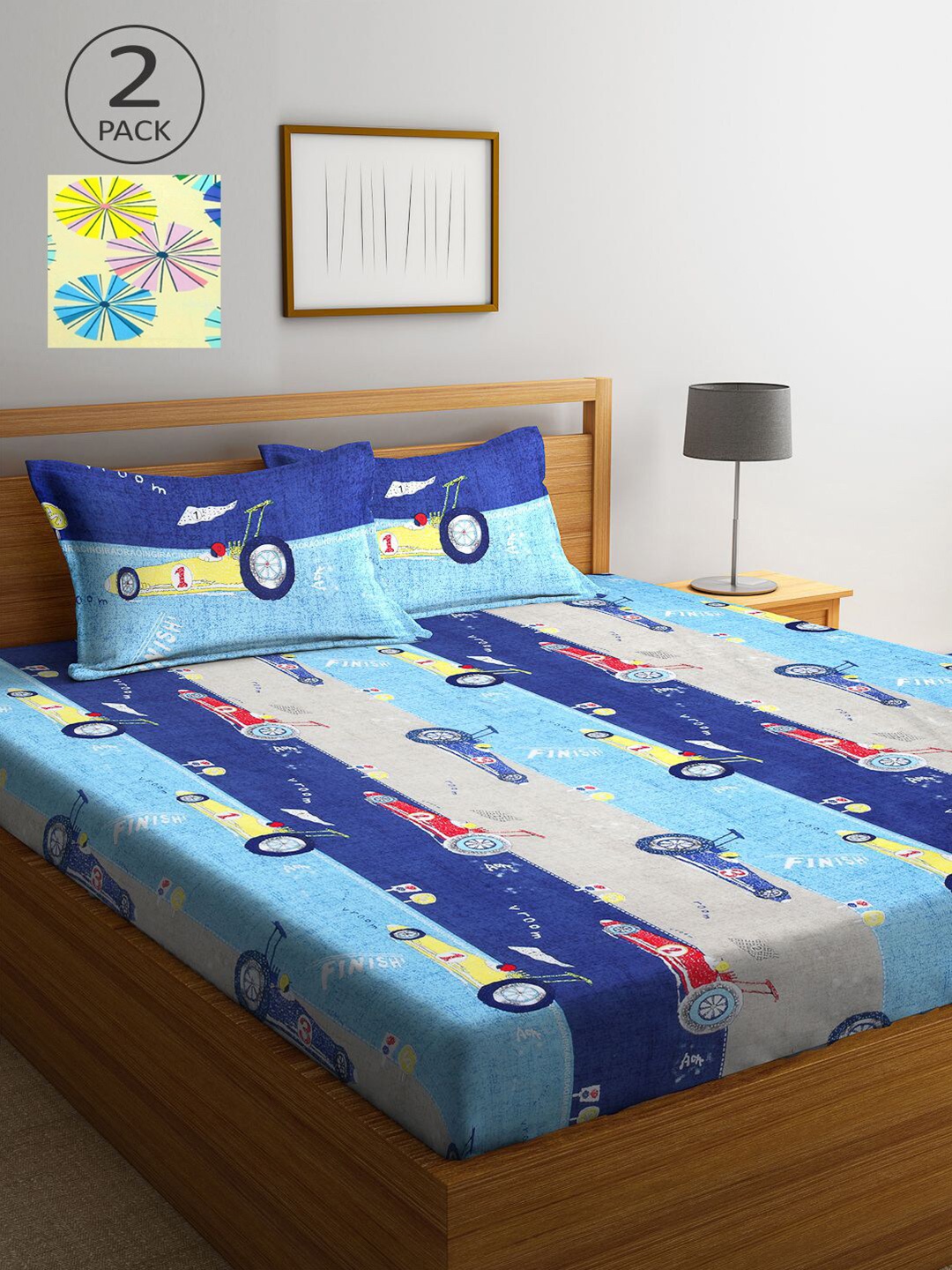 

KLOTTHE Yellow & Blue Cartoon Characters 210 TC 2 King Bedsheet with 4 Pillow Covers