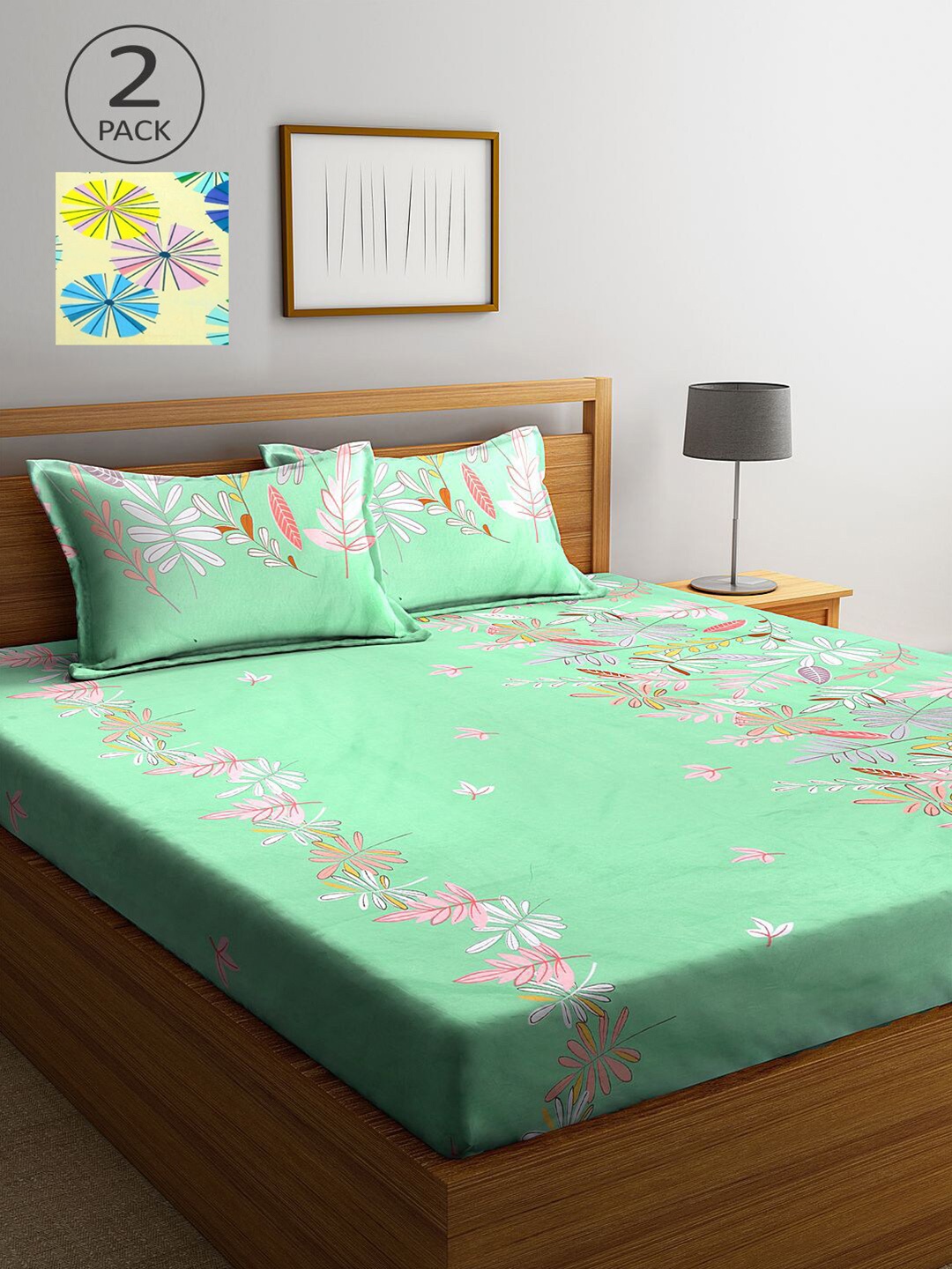 

KLOTTHE Sea Green & Yellow Floral 210 TC 2 King Bedsheet with 4 Pillow Covers