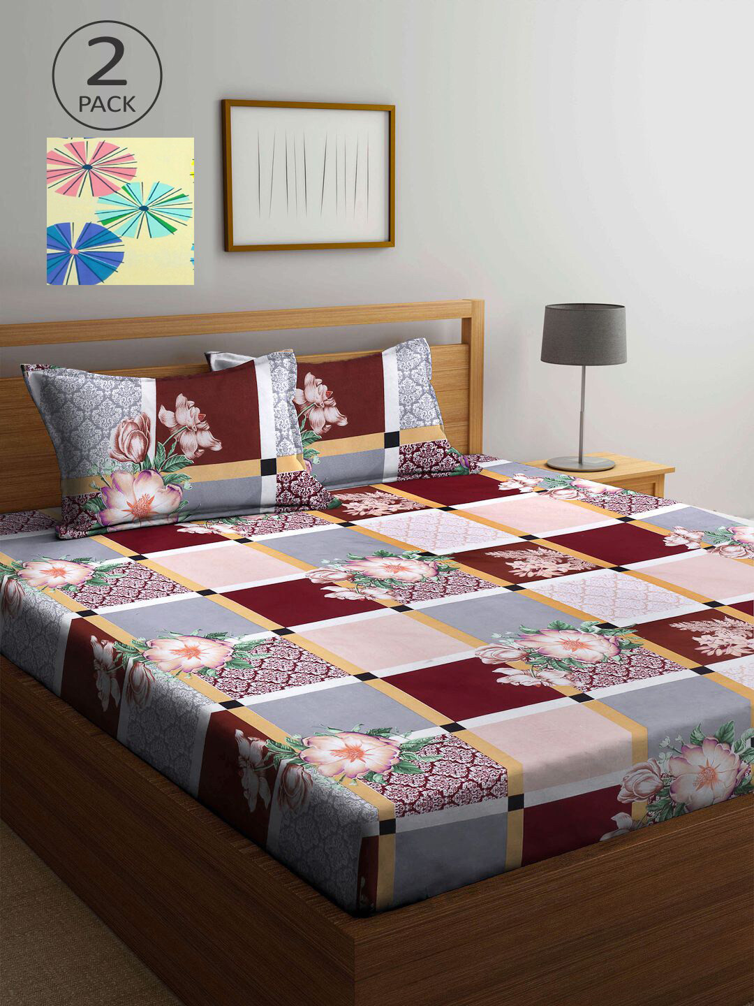 

KLOTTHE Maroon & Yellow Geometric 210 TC 2 King Bedsheet with 4 Pillow Covers