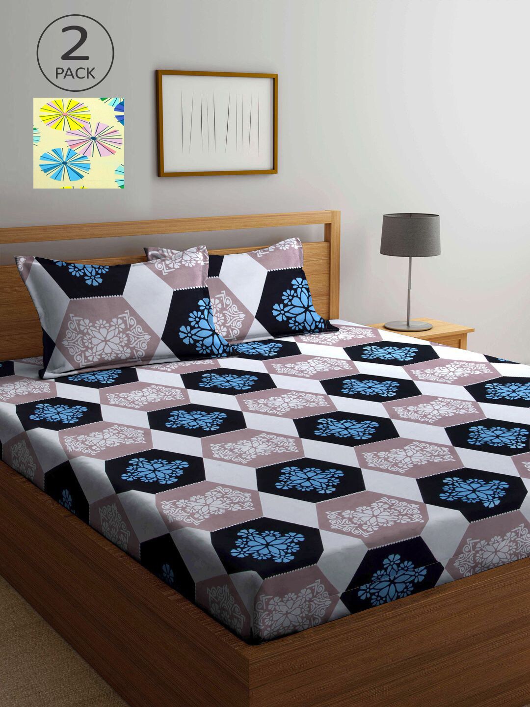 

KLOTTHE Yellow & Mauve Geometric 210 TC 2 King Bedsheet with 4 Pillow Covers
