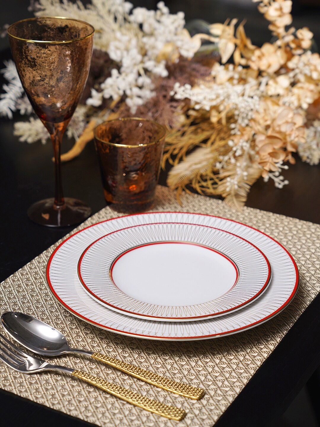 

Pure Home and Living Set Of 2 Red & Gold-Toned Printed Porcelain Food Platter