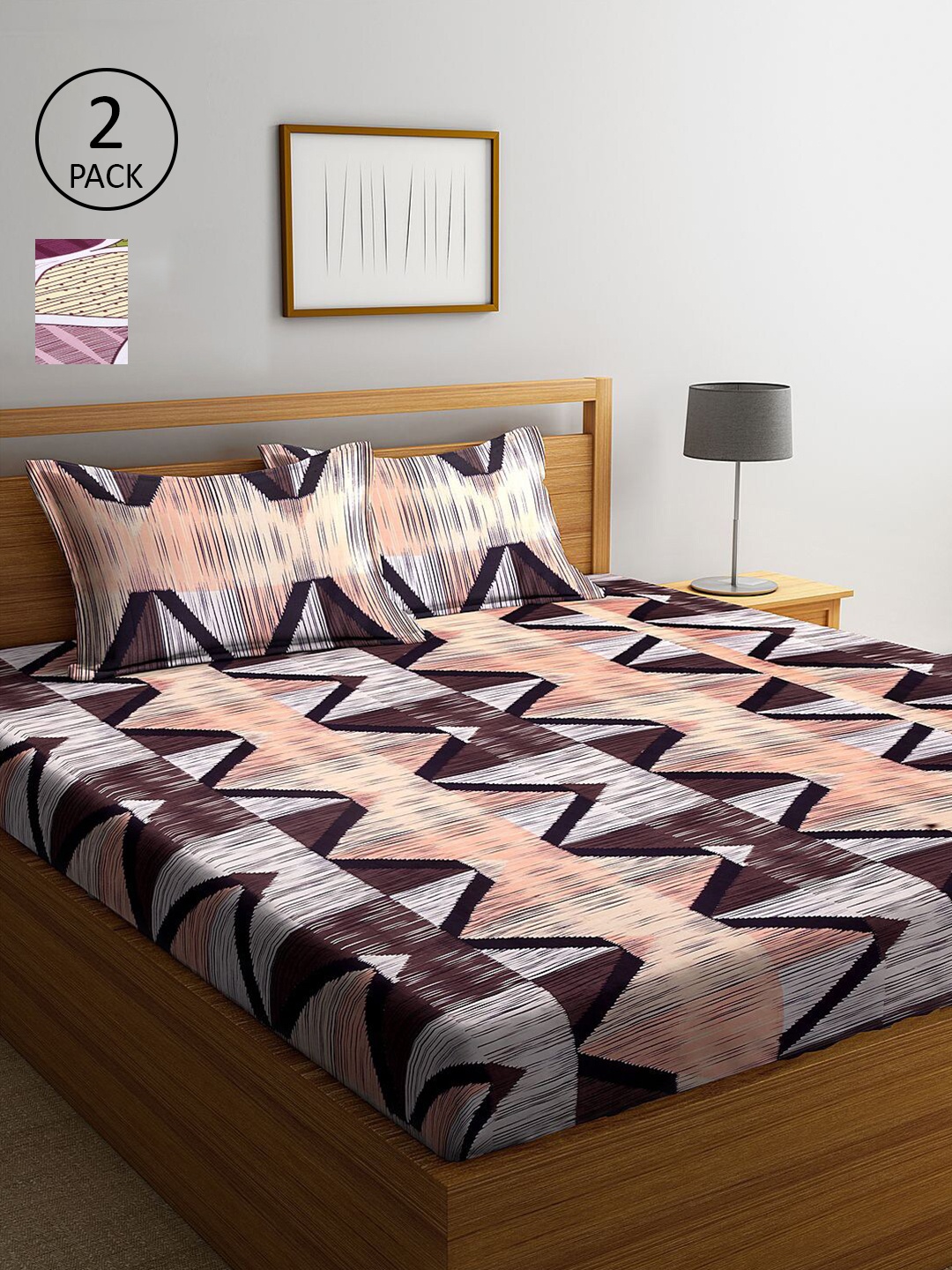 

KLOTTHE Pink & Brown Geometric 210 TC 2 King Bedsheet with 4 Pillow Covers