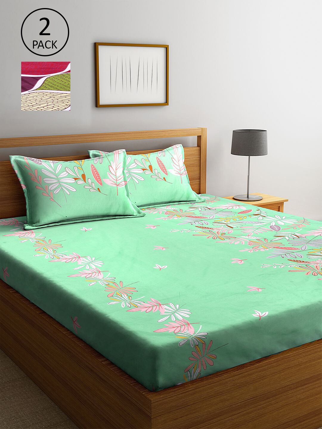 

KLOTTHE Sea Green & Red Floral 210 TC 2 King Bedsheet with 4 Pillow Covers