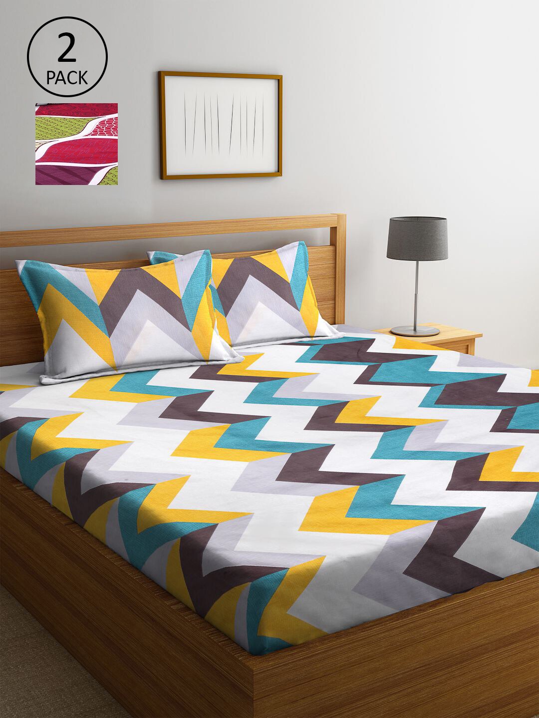 

KLOTTHE Pink & Yellow Geometric 210 TC 2 King Bedsheet with 4 Pillow Covers