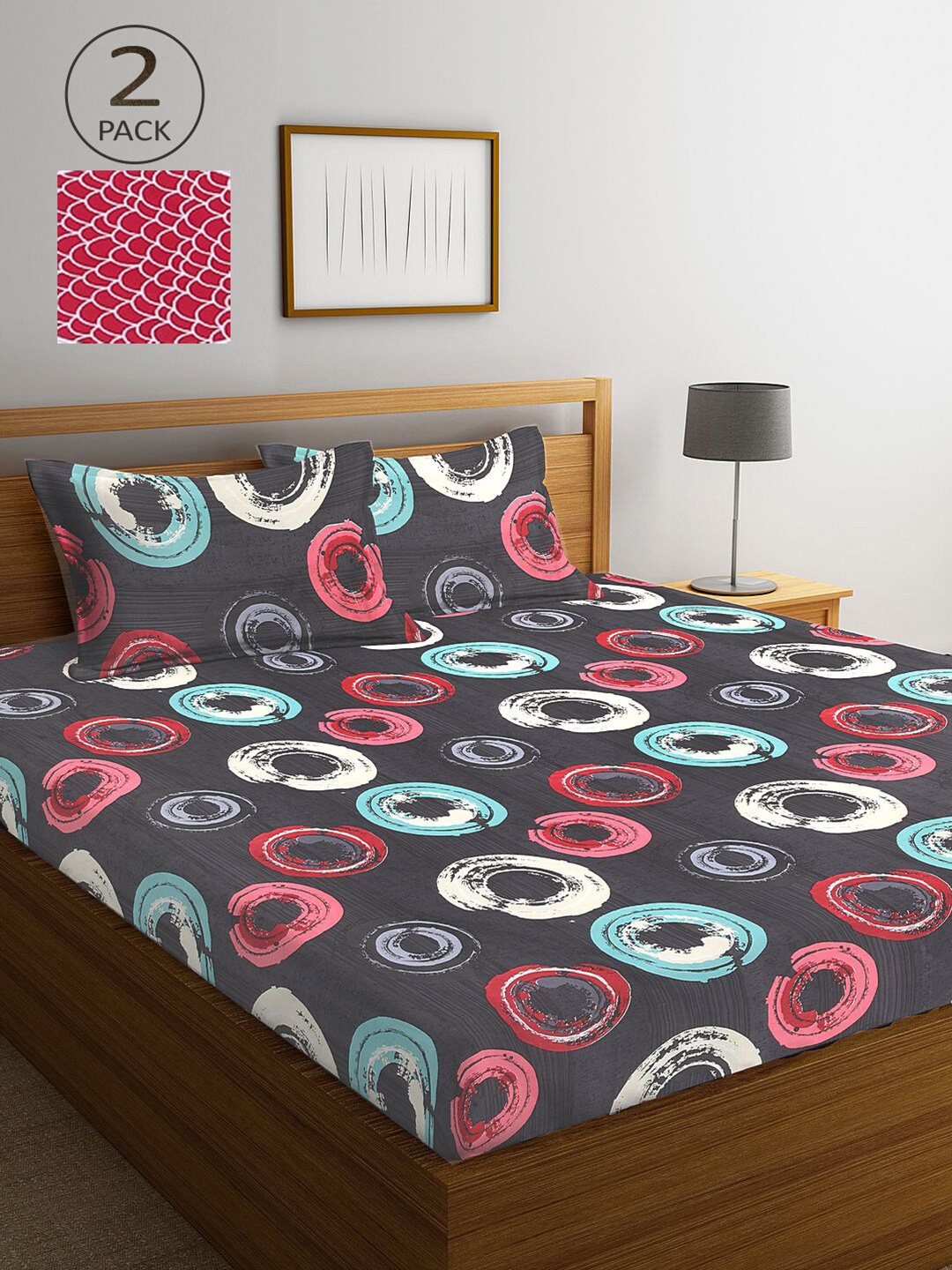 

KLOTTHE Pink & Grey Geometric 210 TC 2 King Bedsheet with 4 Pillow Covers