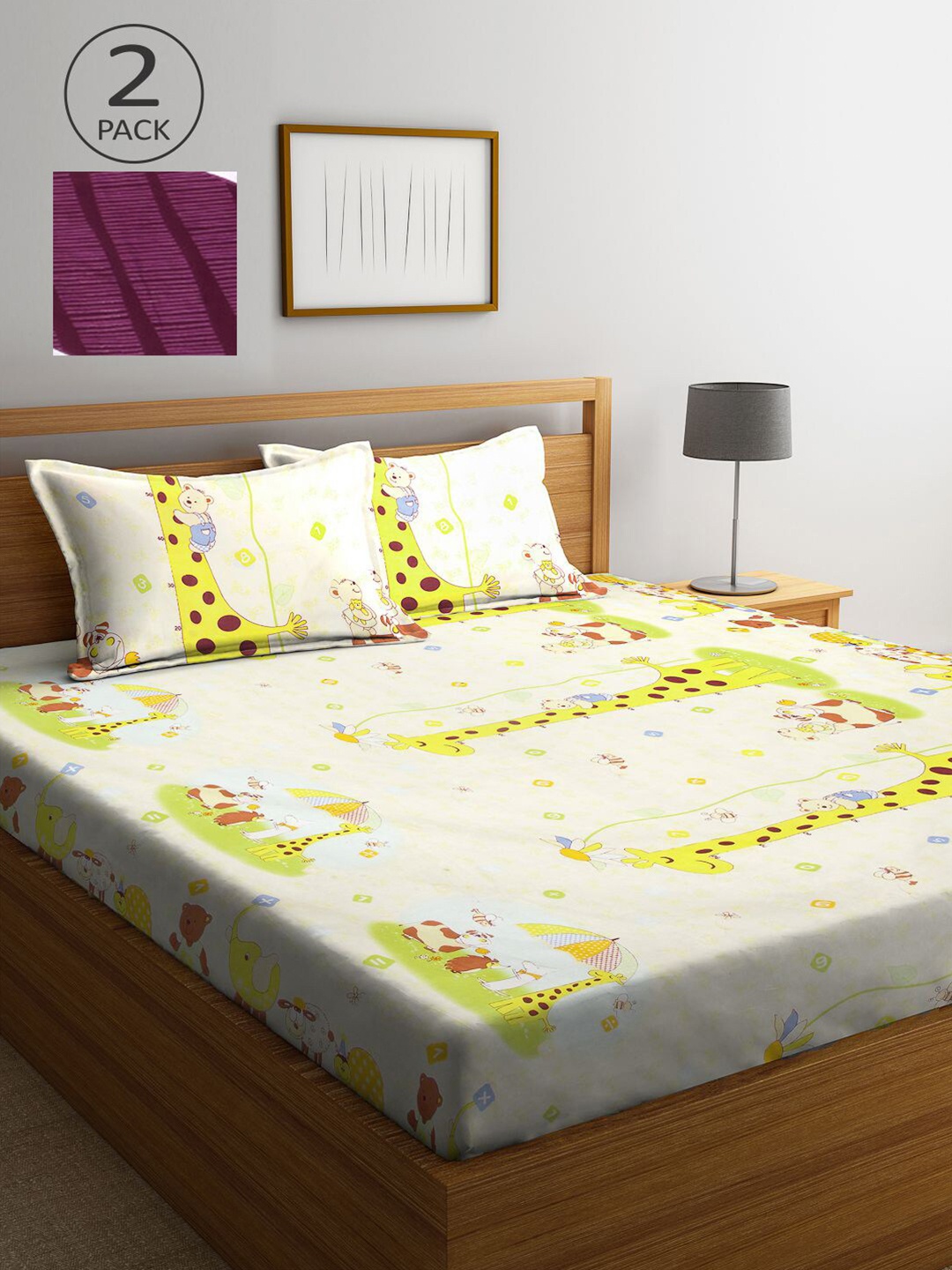 

KLOTTHE Pink & Yellow Cartoon Characters 210 TC 2 King Bedsheet with 4 Pillow Covers