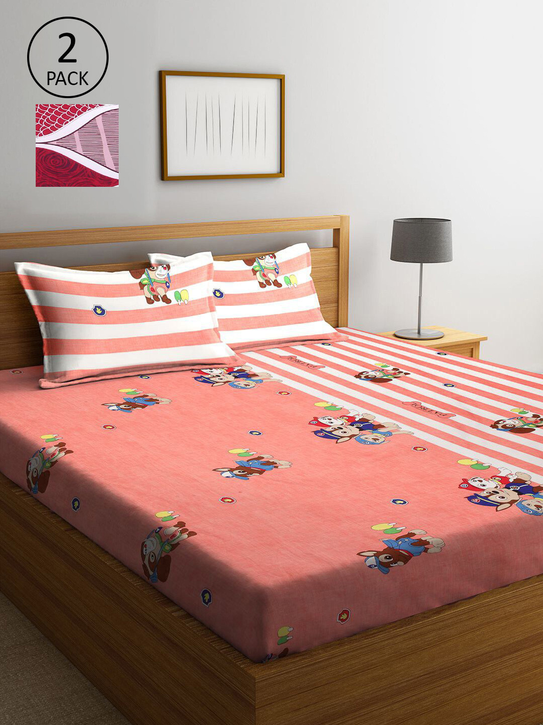 

KLOTTHE Pink & Peach-Coloured Cartoon Characters 210 TC 2 King Bedsheet with 4 Pillow Covers