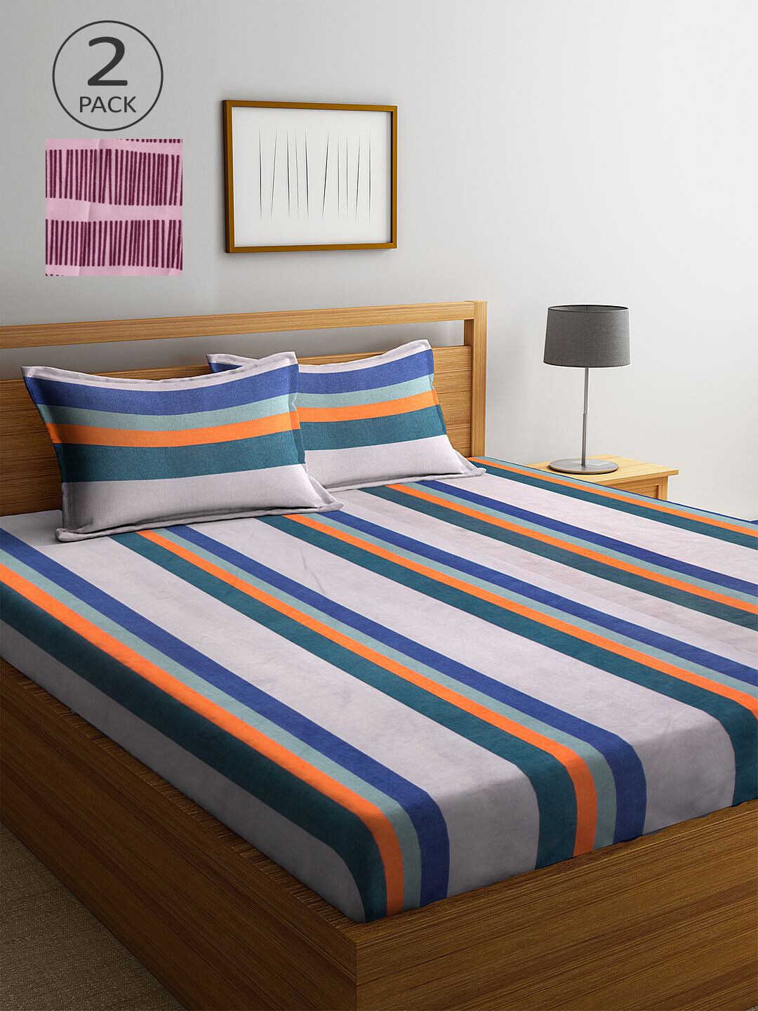 

KLOTTHE Pink & Grey Striped 210 TC 2 King Bedsheet with 4 Pillow Covers