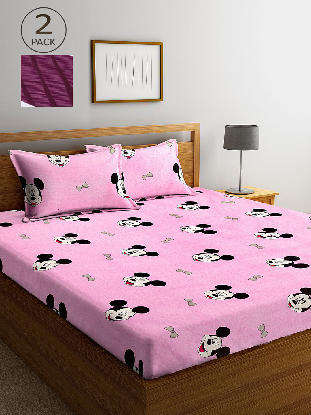 

KLOTTHE Pink Cartoon Characters 210 TC 2 King Bedsheet with 4 Pillow Covers