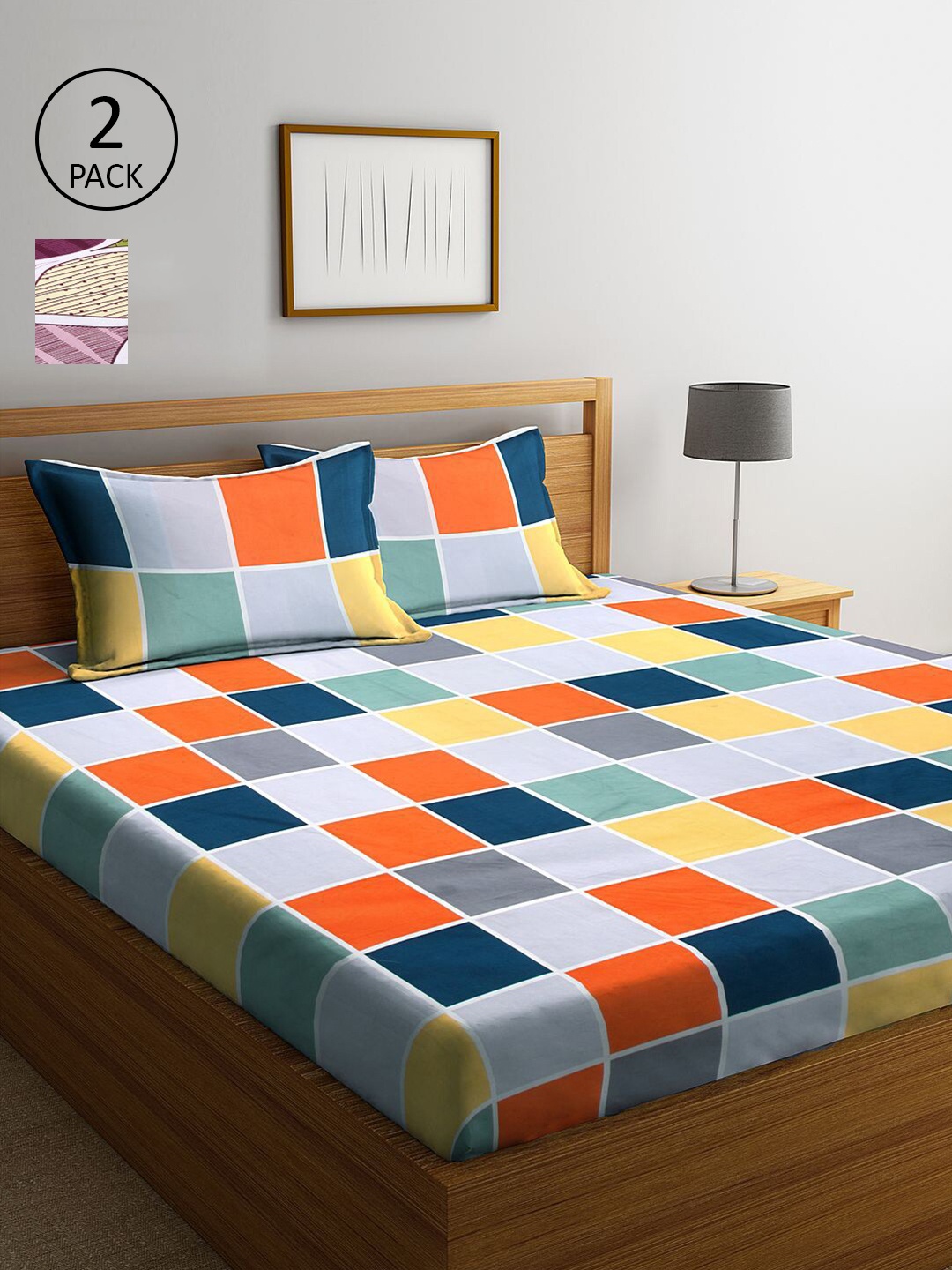 

KLOTTHE Pink & Blue Geometric 210 TC 2 King Bedsheet with 4 Pillow Covers