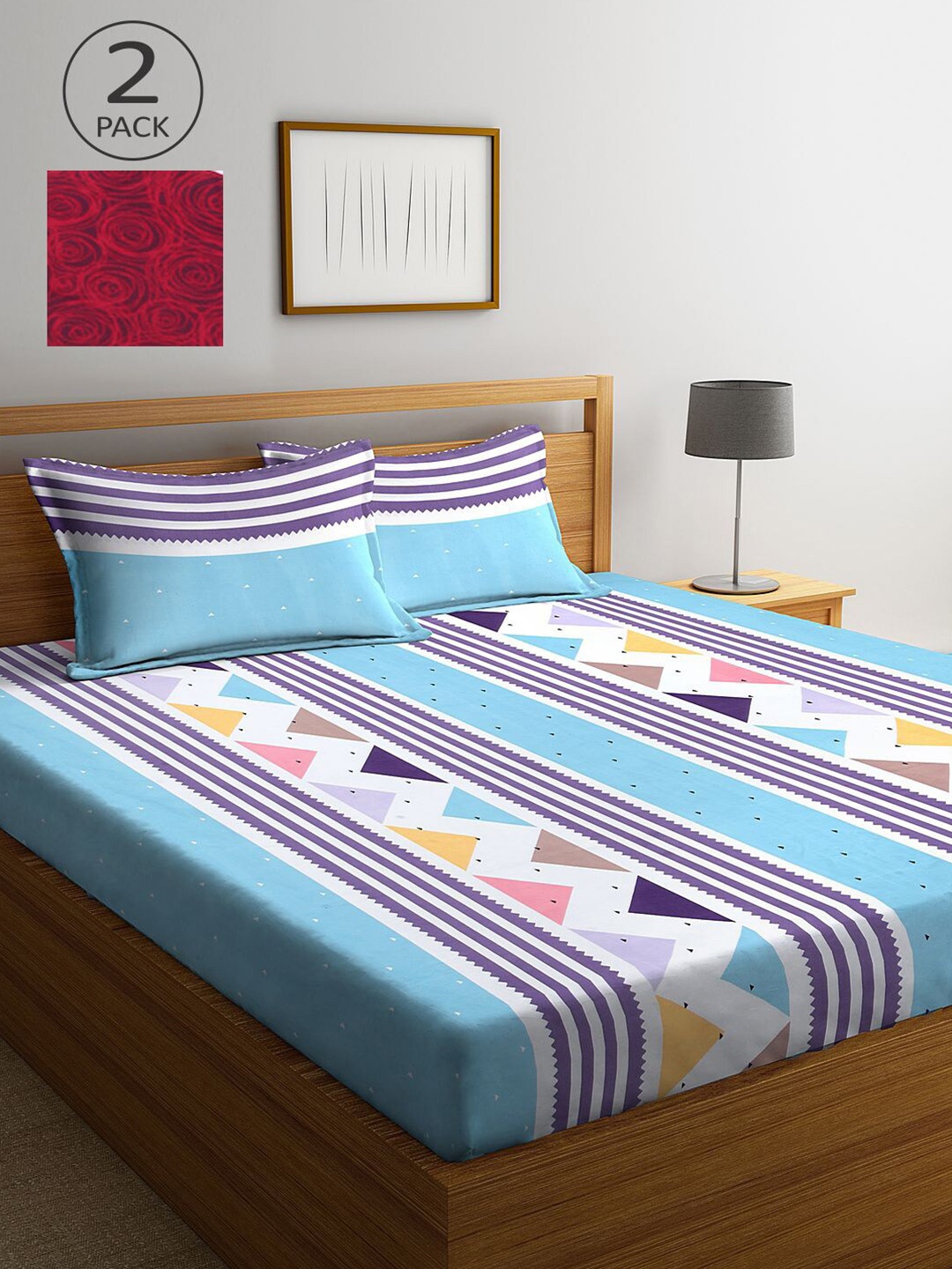 

KLOTTHE Pink & Blue Striped 210 TC 2 King Bedsheet with 4 Pillow Covers