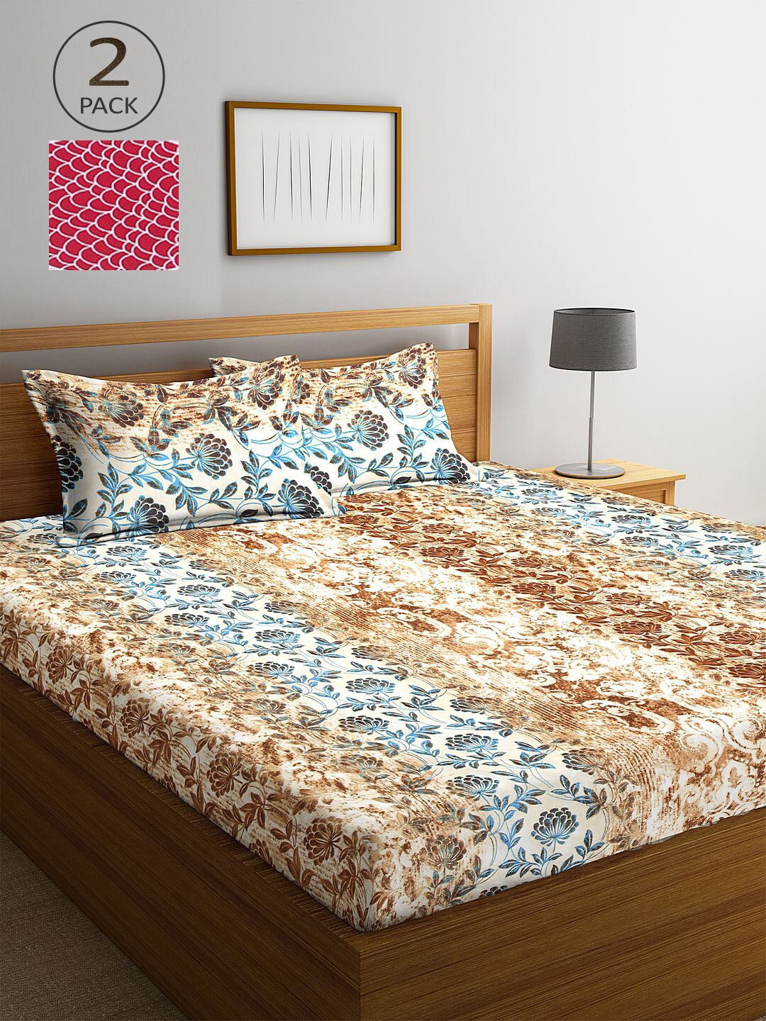 

KLOTTHE Pink & Beige Floral 210 TC 2 King Bedsheet with 4 Pillow Covers