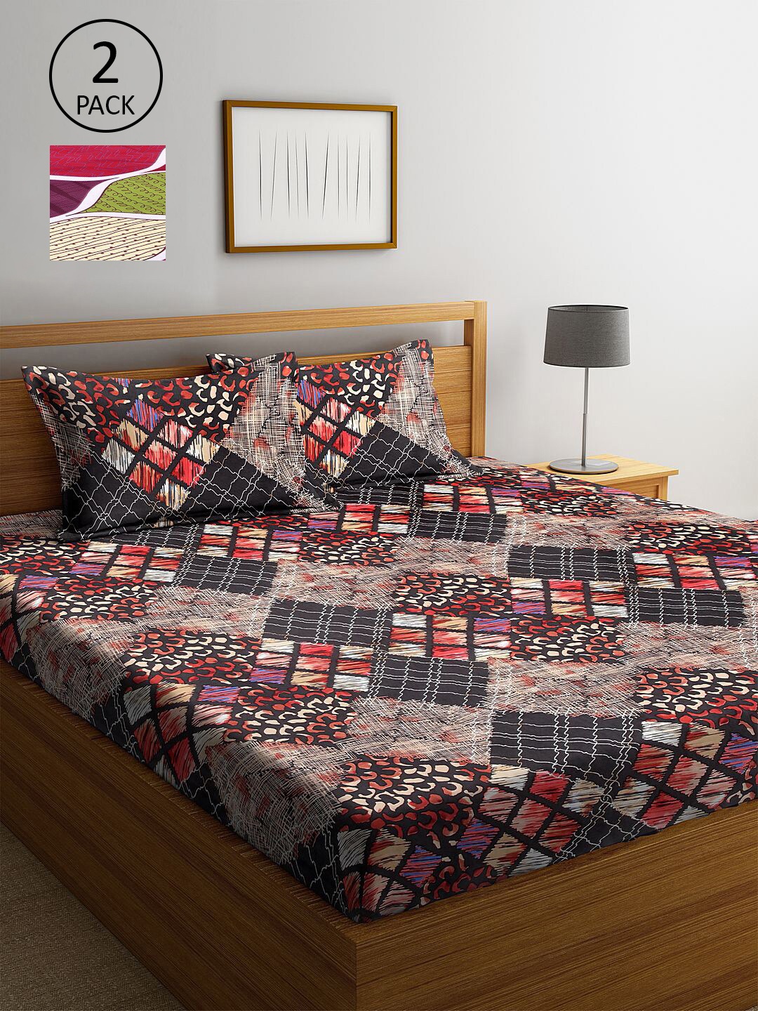 

KLOTTHE Pink & Black Geometric 210 TC 2 King Bedsheet with 4 Pillow Covers