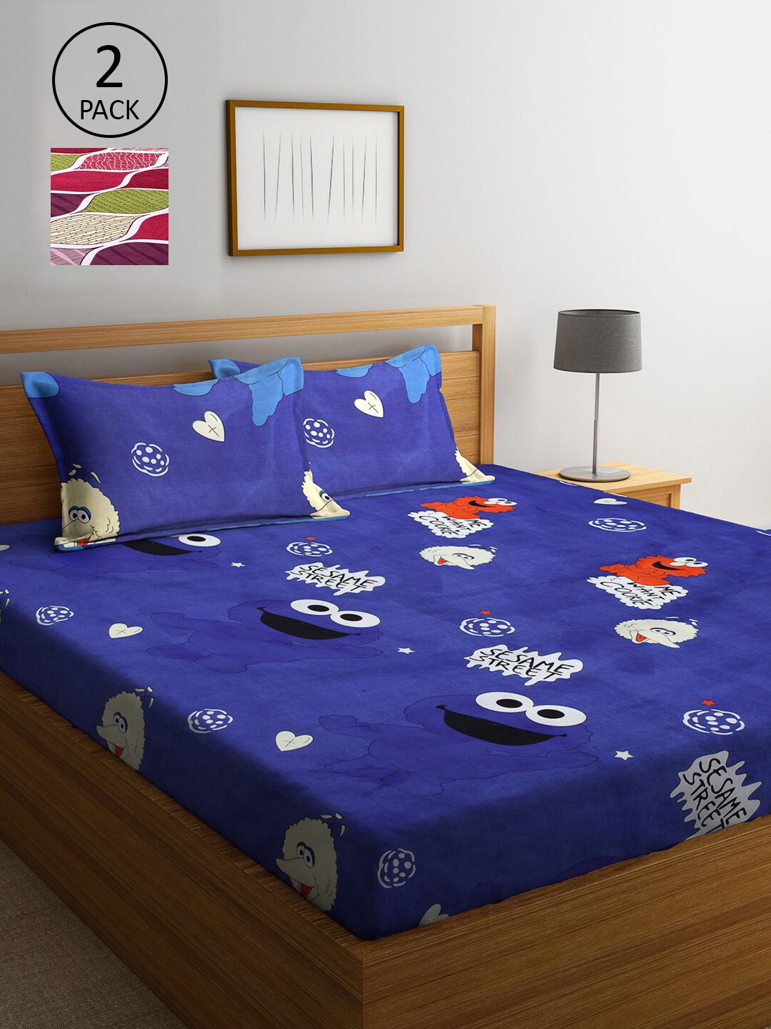

KLOTTHE Pink & Blue Cartoon Characters 210 TC 2 King Bedsheet with 4 Pillow Covers