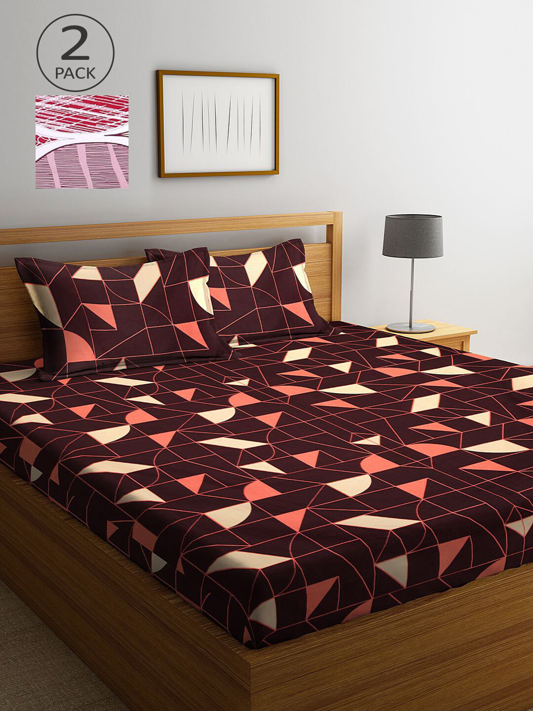

KLOTTHE Pink & Brown Geometric 210 TC 2 King Bedsheet with 4 Pillow Covers