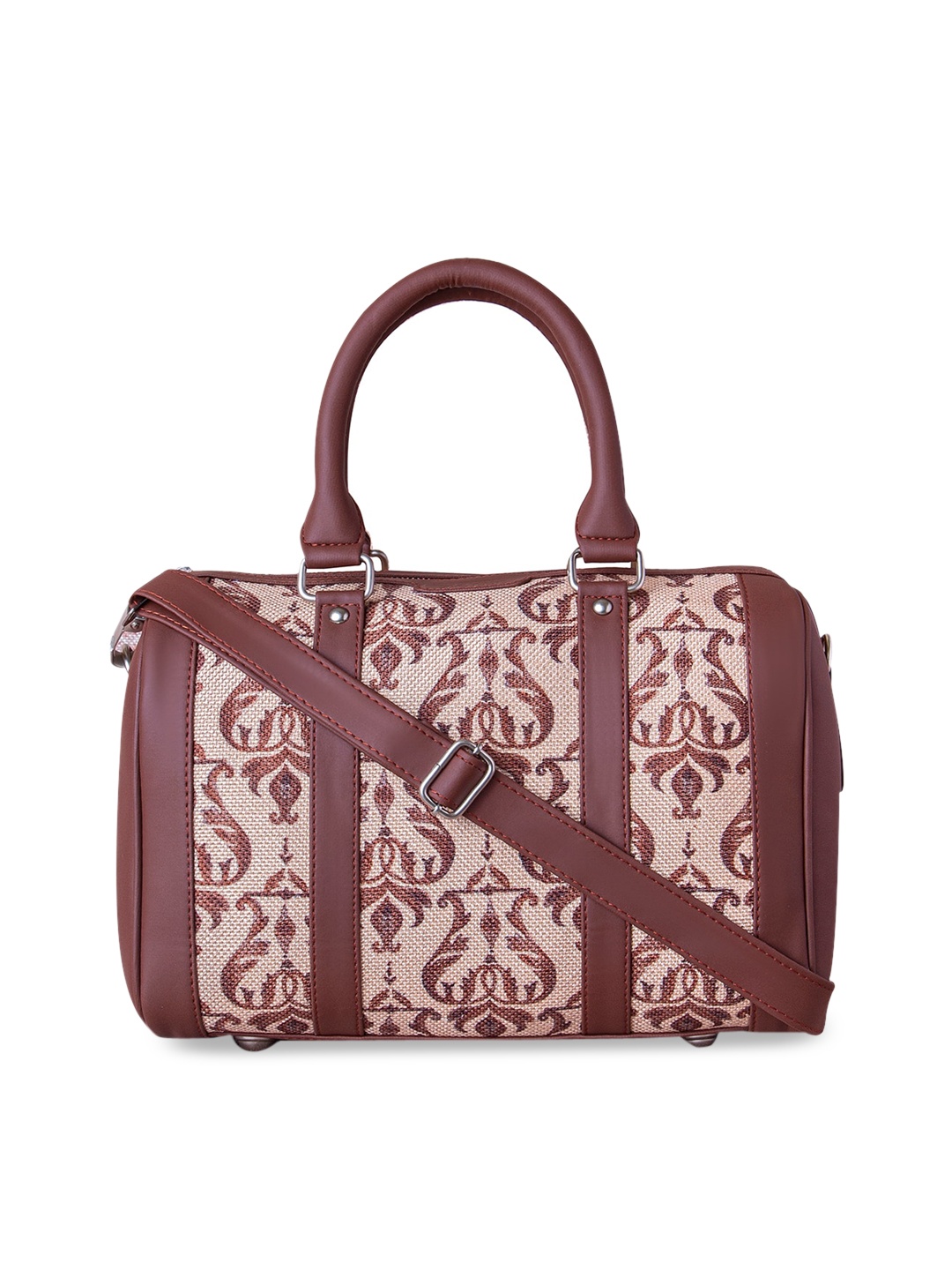 

ZOUK Brown & Beige Chhavi Niwas Jhoomar Motif Printed Vegan Leather Structured Handheld Bag