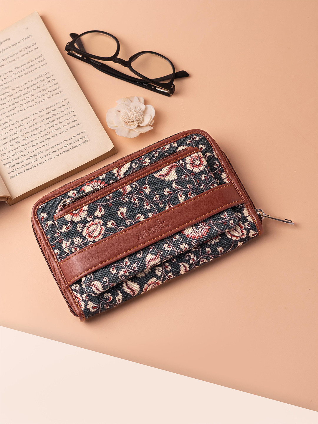 

ZOUK Women Floral Printed Zip Around Wallet, Navy blue