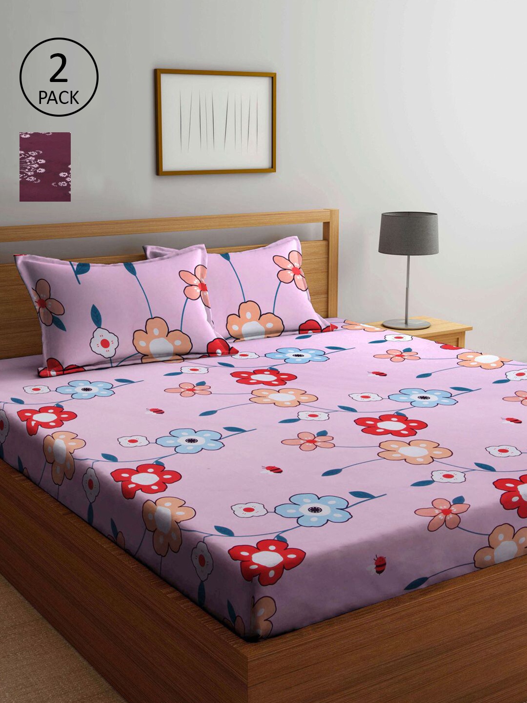

KLOTTHE Pink & Brown Floral 210 TC 2 King Bedsheet with 4 Pillow Covers