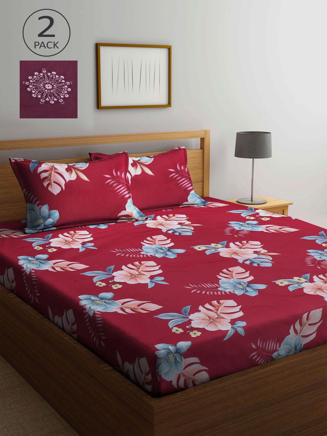 

KLOTTHE Red & Maroon Floral 210 TC 2 King Bedsheet with 4 Pillow Covers