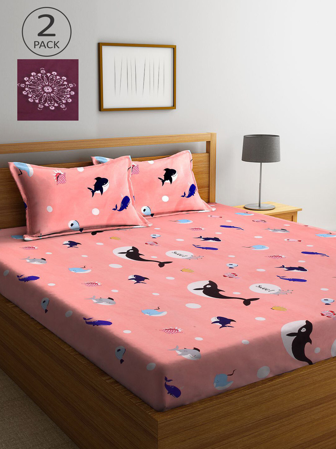 

KLOTTHE Peach-Coloured & Maroon Cartoon Characters 210 TC 2 King Bedsheet with 4 Pillow Covers