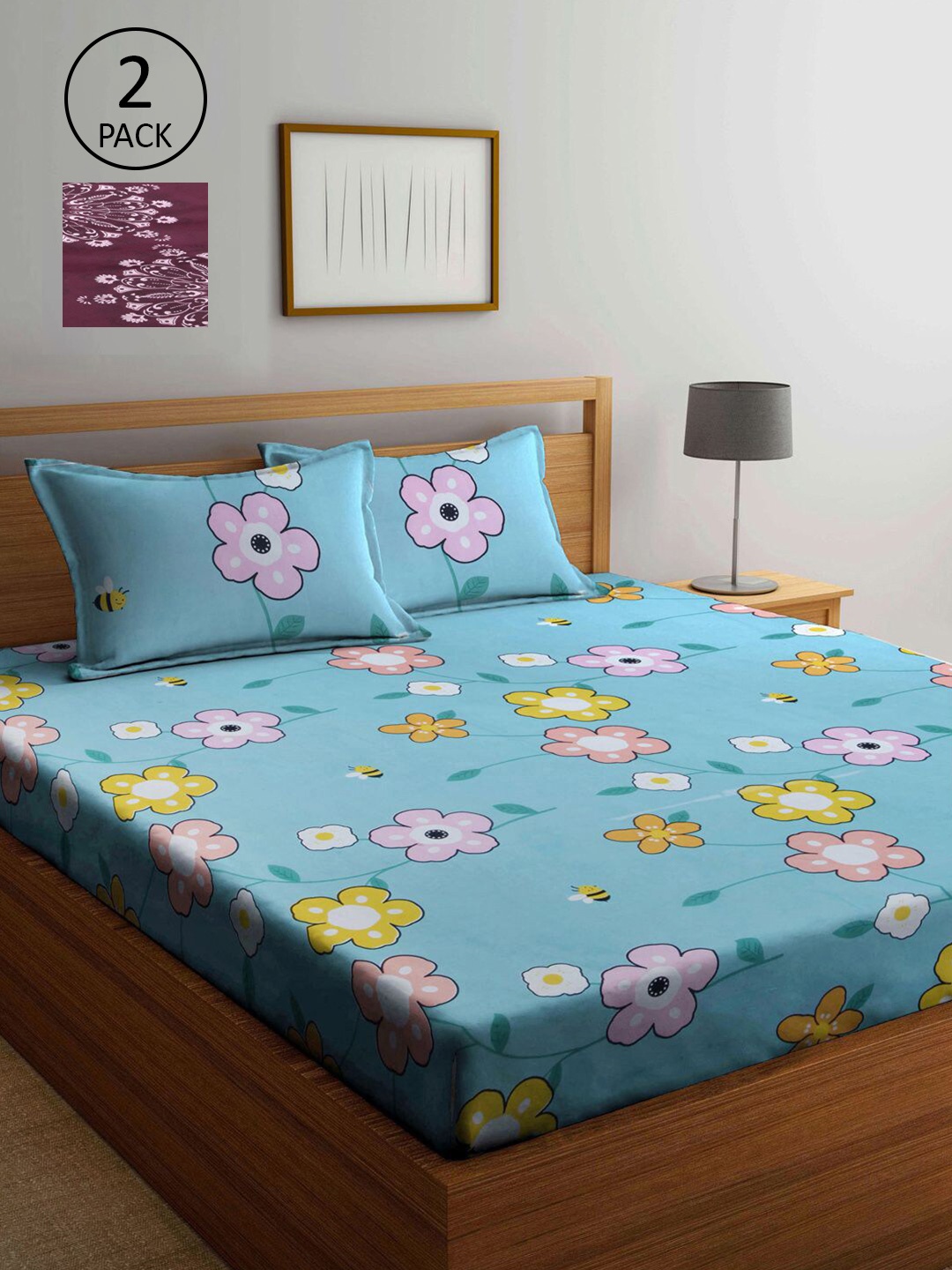

KLOTTHE Blue & Maroon Floral 210 TC 2 King Bedsheet with 4 Pillow Covers