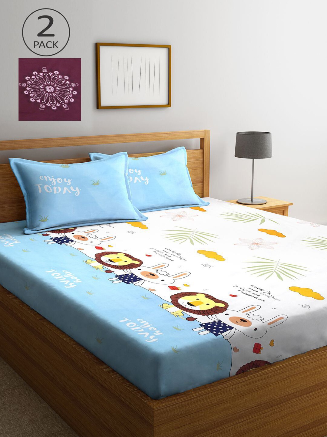 

KLOTTHE Blue & Maroon Cartoon Characters 210 TC 2 King Bedsheet with 4 Pillow Covers