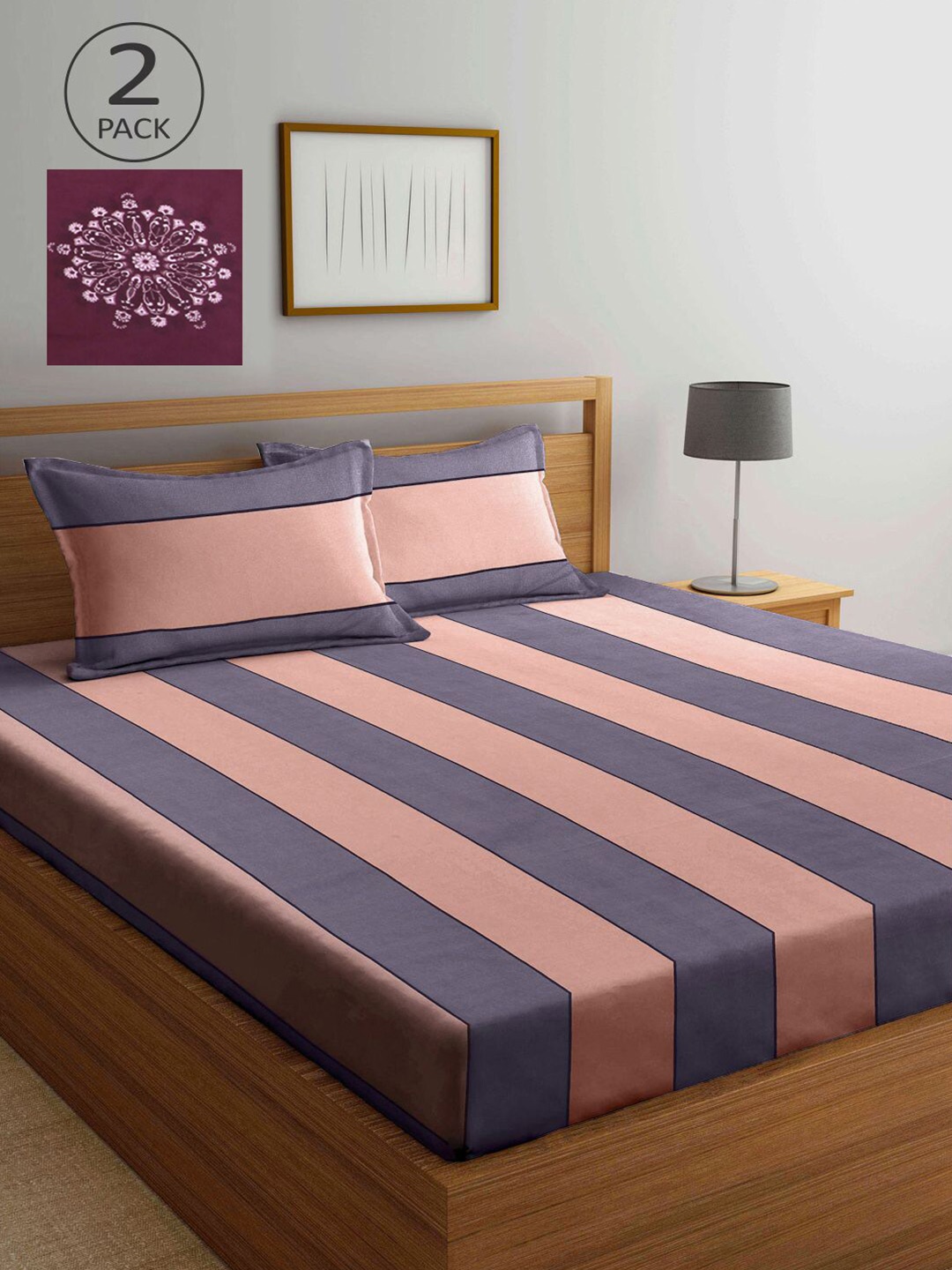 

KLOTTHE Maroon & Pink Striped 210 TC 2 King Bedsheet with 4 Pillow Covers