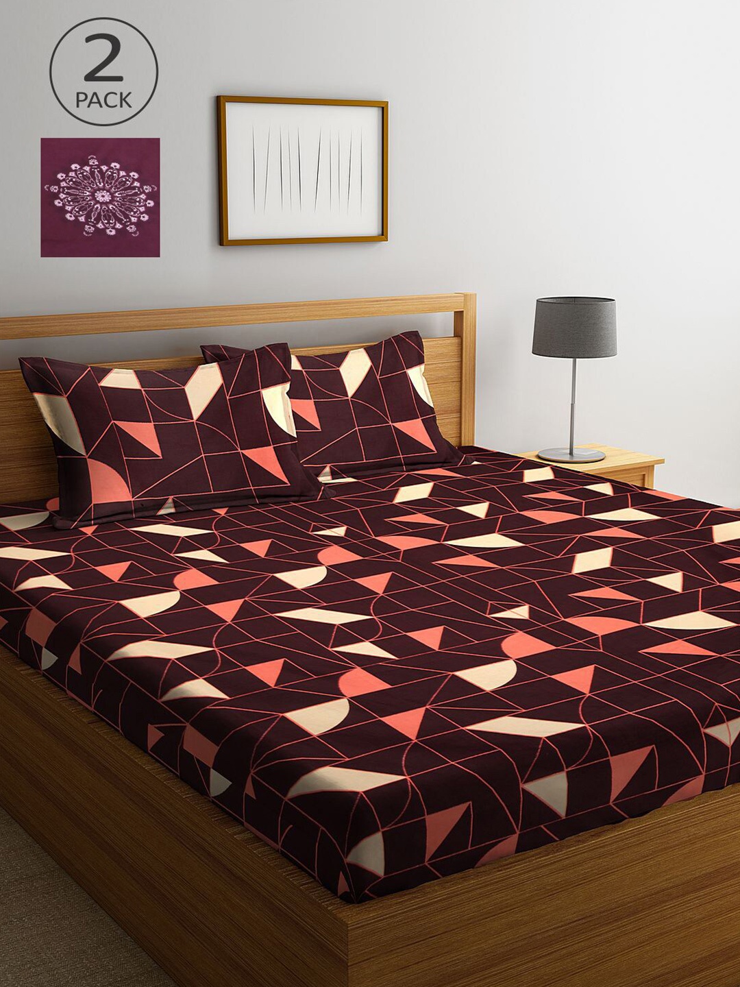 

KLOTTHE Brown & Maroon Geometric 210 TC 2 King Bedsheet with 4 Pillow Covers