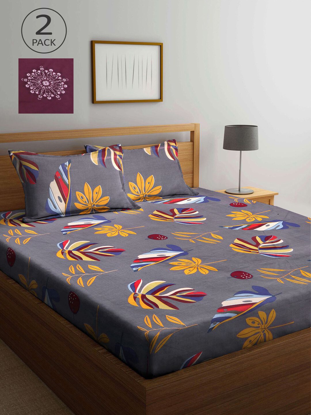 

KLOTTHE Grey & Maroon Floral 210 TC 2 King Bedsheet with 4 Pillow Covers