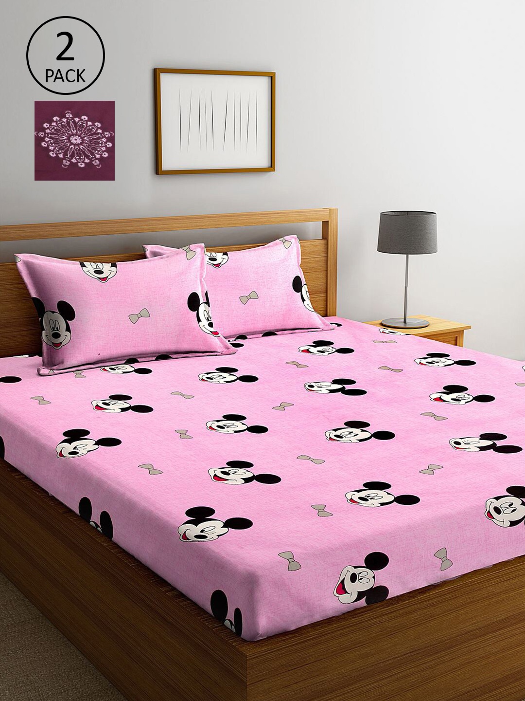 

KLOTTHE Pink & Maroon Cartoon Characters 210 TC 2 King Bedsheet with 4 Pillow Covers