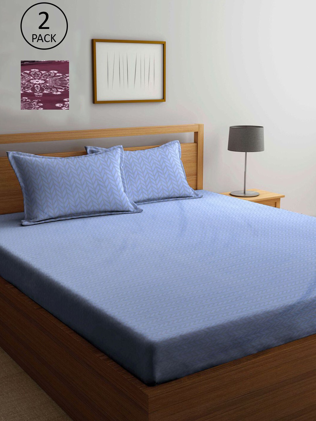 

KLOTTHE Blue & Maroon Geometric 210 TC 2 King Bedsheet with 4 Pillow Covers