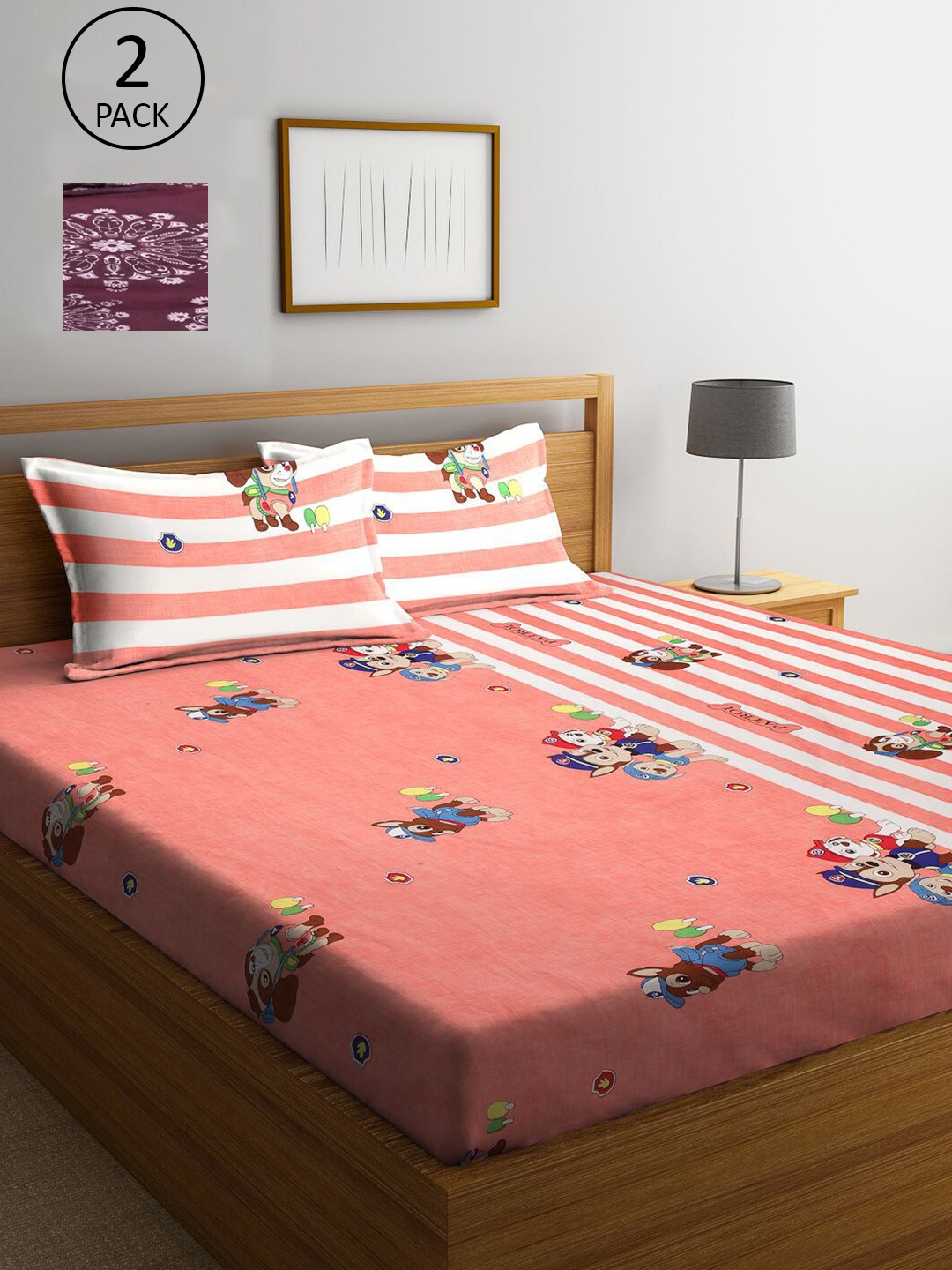 

KLOTTHE Orange & Maroon Cartoon Characters 210 TC 2 King Bedsheet with 4 Pillow Covers