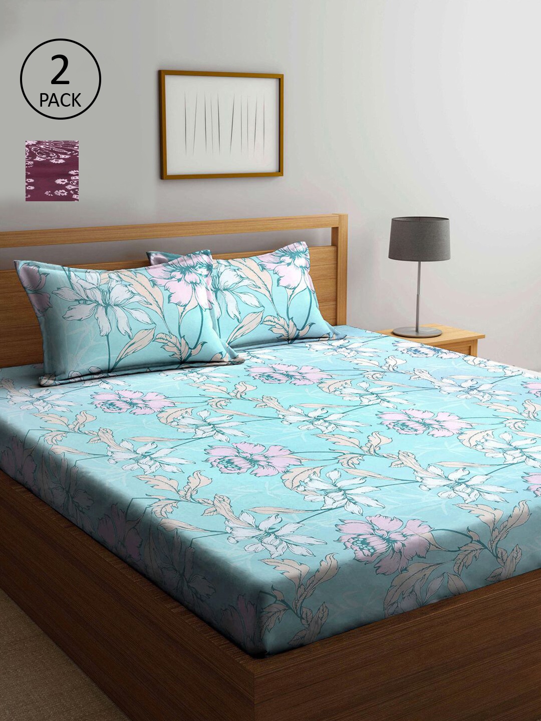 

KLOTTHE Blue & Maroon Floral 210 TC 2 King Bedsheet with 4 Pillow Covers