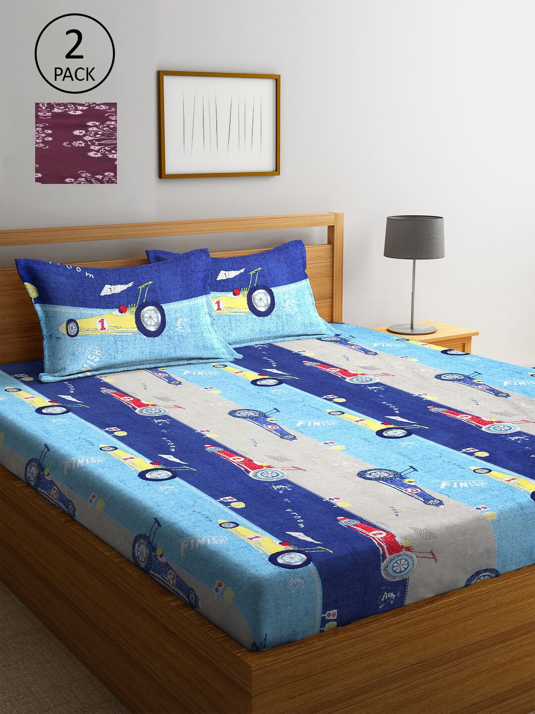 

KLOTTHE Blue & Burgundy Cartoon Characters 210 TC 2 King Bedsheet with 4 Pillow Covers