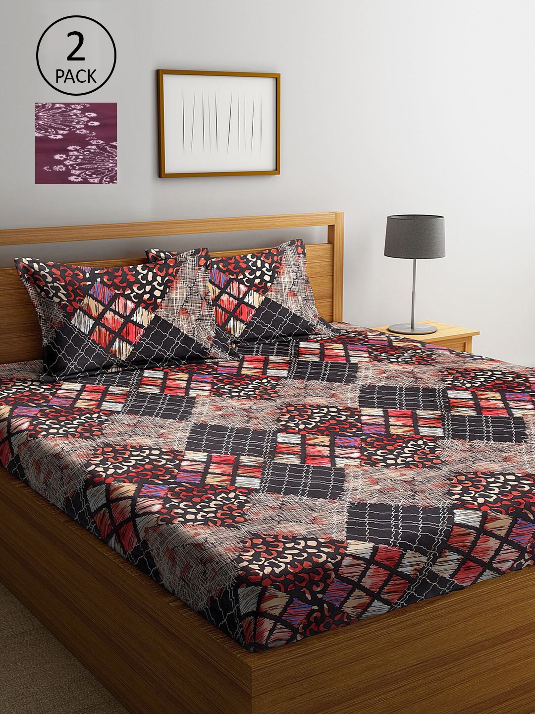 

KLOTTHE Brown & Burgundy Geometric 210 TC 2 King Bedsheet with 4 Pillow Covers